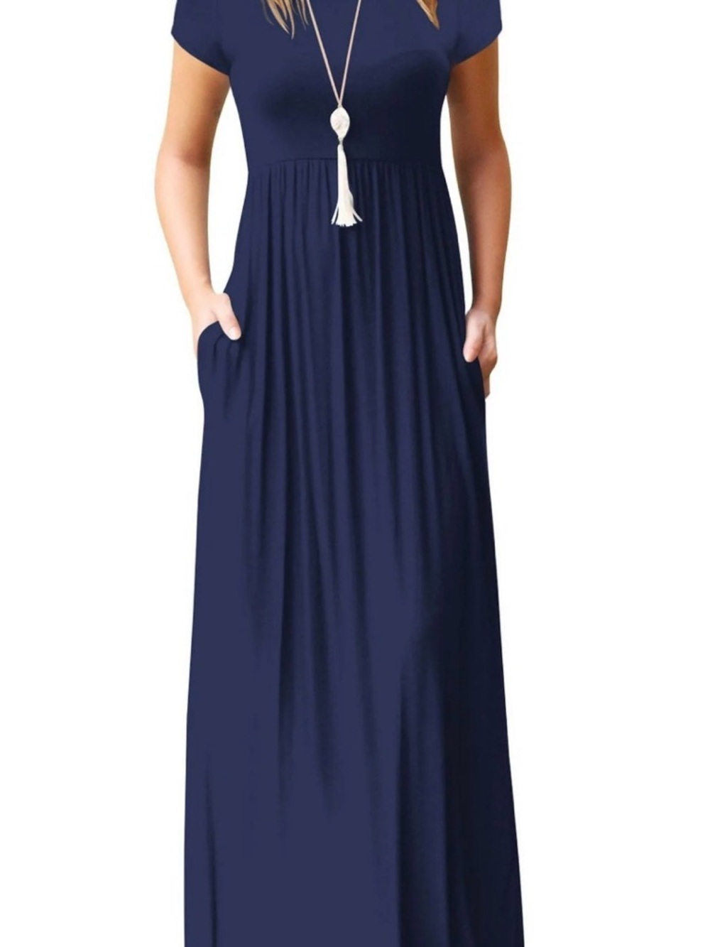 Mengpipi Casual Navy Short-Sleeve Maxi Dress with Pockets - Picture 2 of 6